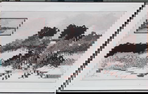 LIPSONE Mid Century Modern Painting Japanese Village.: LIPSONE Mid Century Modern Watercolor-Ink Painting Japanese Village. Circa 1950 -1969 Painted on Board, AND Over the painting is a hand-engraved thick Lucite plate. This is a magnificent monumental mi