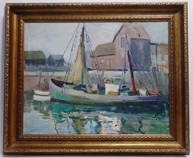 Caroline M. Bell (Amer,1874-1970) c. 1930 Oil Painting: Caroline M. Bell (Amer, 1874 - 1970) Gloucester Scene. c 1930 Abstract Impressionist Oil Painting on Canvas Board. Approx Painting Size: 20 x 16 - Approx Frame Size: 24 3/4 x 20 1/4 x 1 1/2 inches.Goo