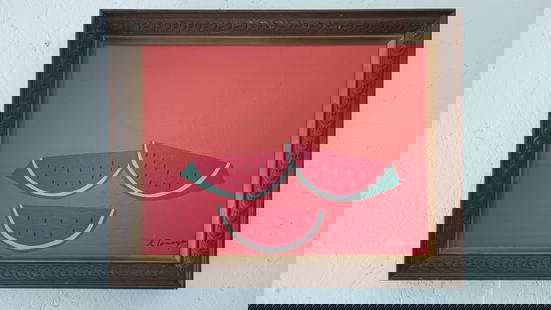 Signed R. Tamayo Painting on Canvas, Abstract Watermelon Figure: Signed R. Tamayo Painting on Cardboard, Sandias Figure.Mixed Medium on Canvas.Painting Size: 20 x 15 inches. Frame Size: 23 x 18 x 2 inches. Good vintage condition. SEE PHOTOS as part of the descripti