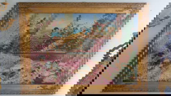 XX Large Realism Lady Figures, Framed Painting: XX Large Realism Lady Figures, Framed Painting. Size: 48 X 72 Inches - Frame Size: 87 x 63 Inches. This is a Museum Painting on Canvas. Frame may have scratches and marks due to storage. Good vintage