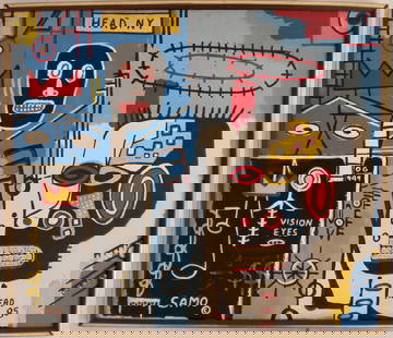 Vintage Abstract Figurative Painting NYC Head 85 Framed: Jean-Michele Basquiat Painting NYC Head 85 Framed.. Painting Size: 31 x 27 inches. Frame Size: 32 x 28 x 2 inches, This is hand painted Mixed Medium on Cardboard. Framed condition - Frame may have scr