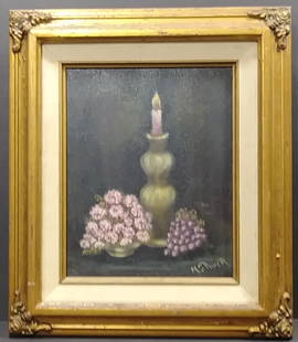 Vintage Original Oil Painting signed by artist M. S: Vintage Original oil painting on canvas stretched on board, still life , signed by artist M. S. Dover. Approx Painting Size: 8 x 10 in - Approx Frame Size:12 1/2 x 14 1/2 in.