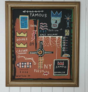 Jean-Michele Basquiat After NYC - Corpus Morte Painting Framed.: Jean-Michele Basquiat After NYC - Corpus Morte Painting Framed. Painting Size: 26 x 22 inches. Frame Size: 31 x 27 x 3 inches, This is hand painted Mixed Medium on Cardboard. Framed condition - Frame