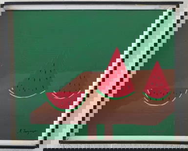 Signed R. Tamayo Painting on Canvas, Abstract Watermelon: Signed R. Tamayo Painting on Cardboard, Sandias Figure.Mixed Medium on Canvas.Painting Size: 19 1/2 x 16 inches. Frame Size: 21 x 17 1/2 x 1 inches. Good vintage condition.Please look at the photo to