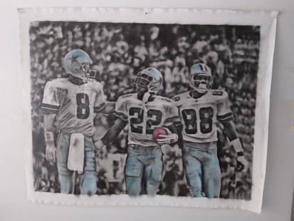 XL Huge Dallas Cowboy oil painting of Emmitt, Aikmen, and Irvin: Huge Dallas Cowboy oil painting of Emmitt, Aikmen, and IrvinMedium: oil on canvas. Size Approx : 67 1/2 x 54 inches. unstretched. Will be shipped rolled in tubes and ready to hang like wallpaper, be s