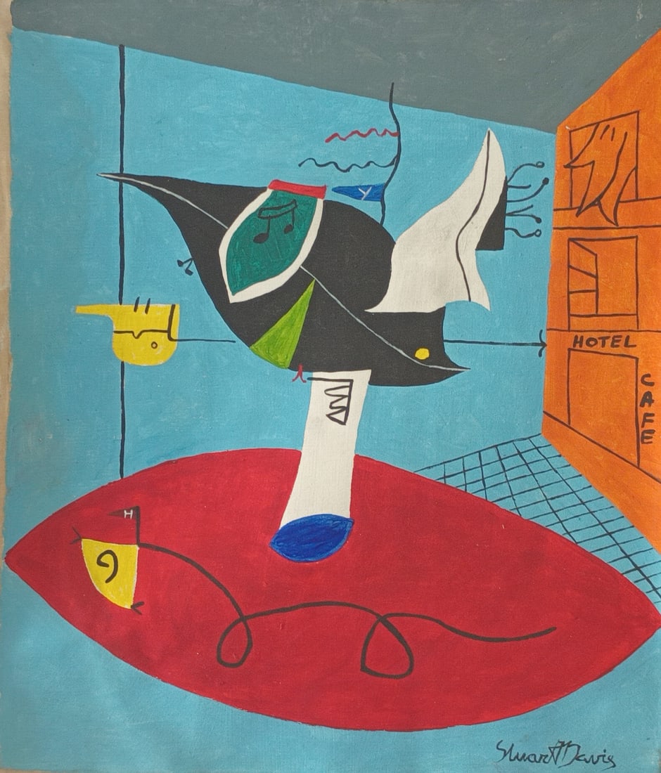 Vintage Abstract Painting On Canvas Signed Stuart Davis , Modern Art 20th Century.: Vintage Abstract Painting On Canvas Signed Stuart Davis, Modern Art 20th Century. Approx Painting: 20 x 16 1/2 inches.The paint may have dirt, water spots, etc. Look at the photo carefully. Sold as is