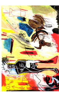Jean-Michel Basquiat Expressionism Hand Painting Drawing on Cardboard: Jean-Michel Basquiat Expressionism Hand Painting Drawing on Cardboard. Size: 16 1/2 x 11 3/4 Inches. Provenance: W.N York consignor Private collection. it is being sold in the manner or style of the a