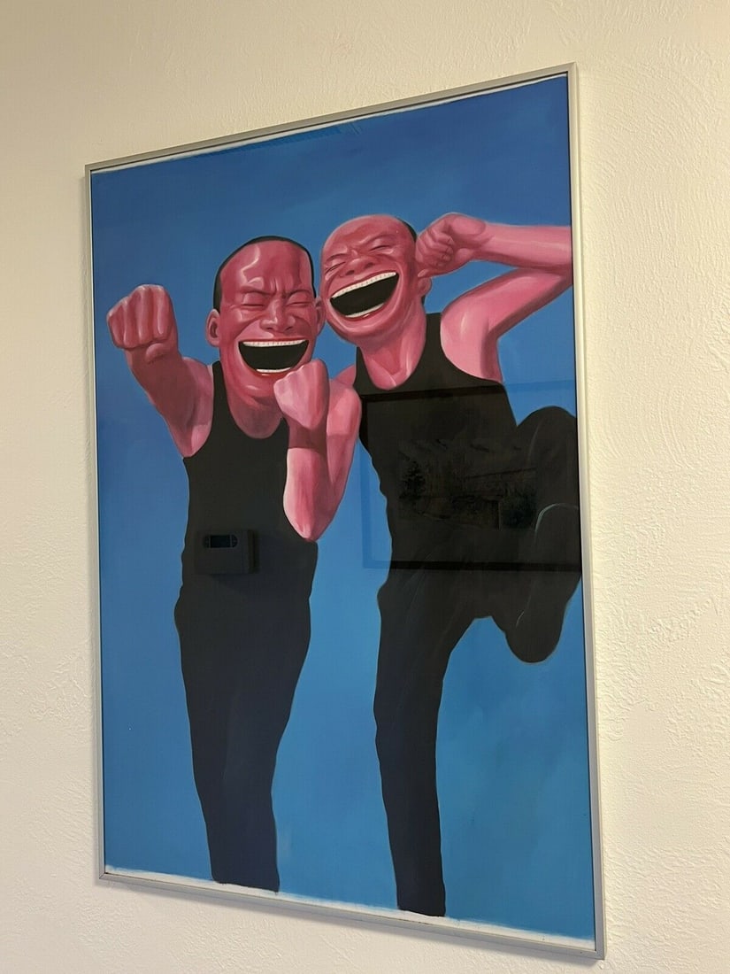 Yue Minjun Oil Painting: Yue Minjun Oil Painting Painting Size: 36 x 24 inches. - Canvas only will be ship rolled See photos as part of the description. It is being sold in the manner or style of the artist, declared as a cop