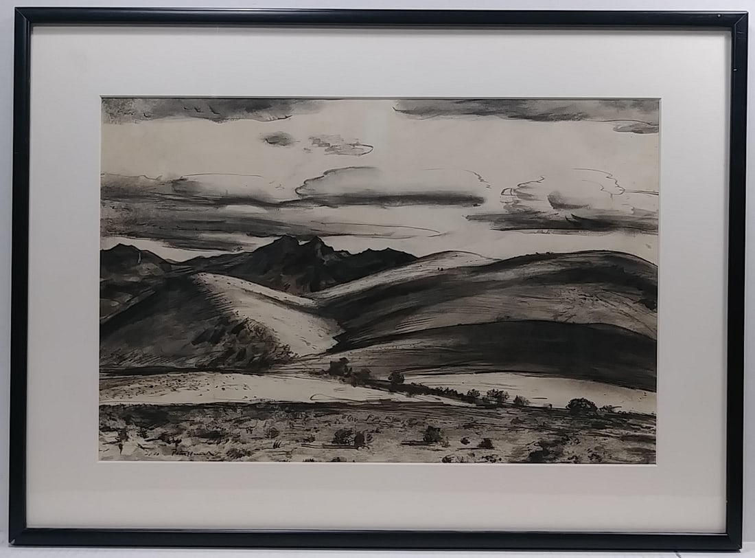 Peter Hurd Ink Painting, Winter Weather CA 1935: Peter Hurd Ink Painting, Winter Weather CA 1935, Ink. 25 1/4 in x 18 1/2 -Window:19 1/2 in x 12 3/4 in .Peter Hurd (February 22, 1904 - July 9, 1984) was an American painter Who lived and worked in Sa