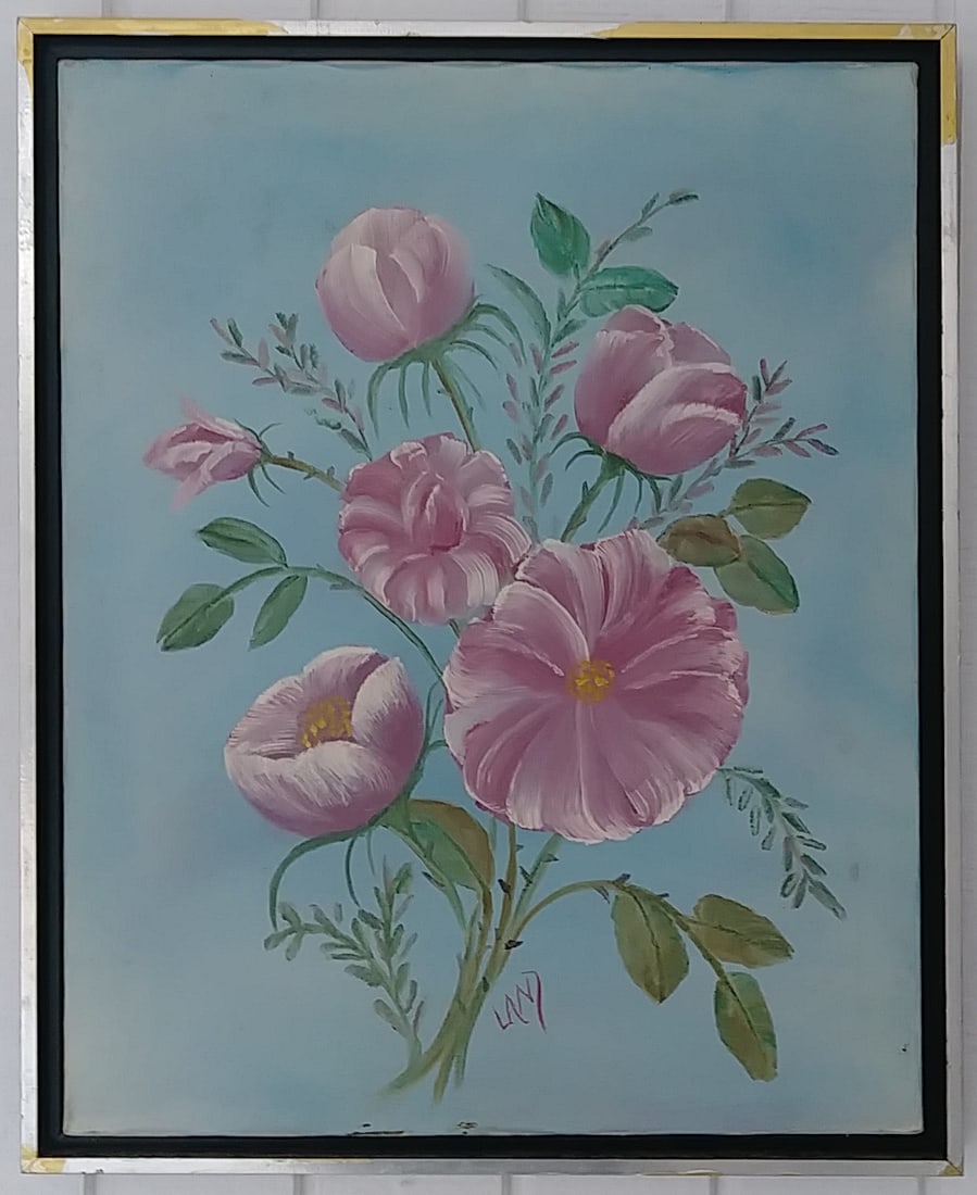 Signed Pink Flower  Oil Painting on Canvas Framed (1 of 5)