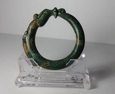 Antique Natural Jade Carved Dragon Bangle: Antique Natural Jade Carved Dragon Bangle. Approx Size: 55 mm x 81 mm x 11 mm. Excellent Condition. We pack and ship this item in house.