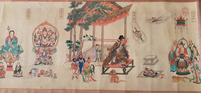 Chinese Religious Tibetan Buddhist Scroll Three Heads 6: Chinese Religious Tibetan Buddhist Scroll Three Heads Six Arms. Giant Size:. . Approx Size: 145 inches x 28 inches. . Pictures are as accurate as possible, however color may look different on each mon