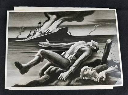 Vtg 1942 Photo Artist Thomas Hart Benton's Painting: Vtg 1942 Photo Artist Thomas Hart Benton's Painting "Casualty", one of seven paintings of war. Letter is attached to photo. Associated American Artists Galleries New York.Photo size: 6.5 x 9.5See phot