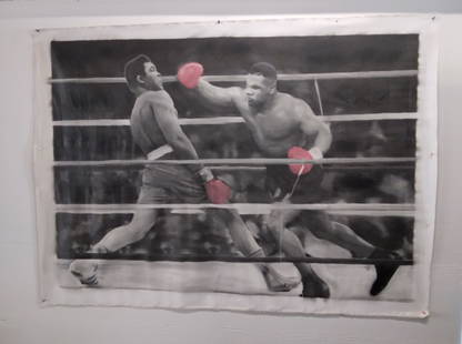 Ali vs. Mike Tyson Mural Huge Oil Painting on Canvas: Ali vs. Mike Tyson Mural Huge Oil Painting on Canvas. Title: Ali-Tyson 2013. Medium: oil on canvas. Size Approx : 72 x 50 inches. unstretched. Will be shipped rolled in tubes and ready to hang like wa
