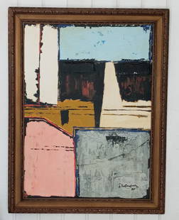 1980 Signed Abstract Composition Framed Painting On Cardboard: 1980 Signed Abstract Composition Framed Painting On Cardboard. Approx Painting: 28 3/4 x 21 inches. Approx Frame Size: 25 3/4 x 33 1/2 x 2. SEE PHOTOS as part of the description. Good Vintage Conditio