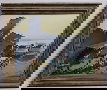 Vintage 1980 Regionalism Oil Painting Fisherman on Dock: Vintage 1980 Regionalism Oil Painting Fisherman on Dock Signed Painting on Canvas - Approx Painting Size: 16 x 20 Inches - Approx Frame Size: 25 x 21 x 2 Inches. Good condition. See photos