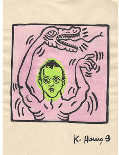 Signed Keith Haring Mixed Media on Paper: Signed Keith Haring Mixed Media on Paper. On verso, also stamp inscribed Authorized by the Keith Haring. Approx Size: 11 3/4 x 8 1/2 inches. Provenance: This item has limited provenance from an Upper