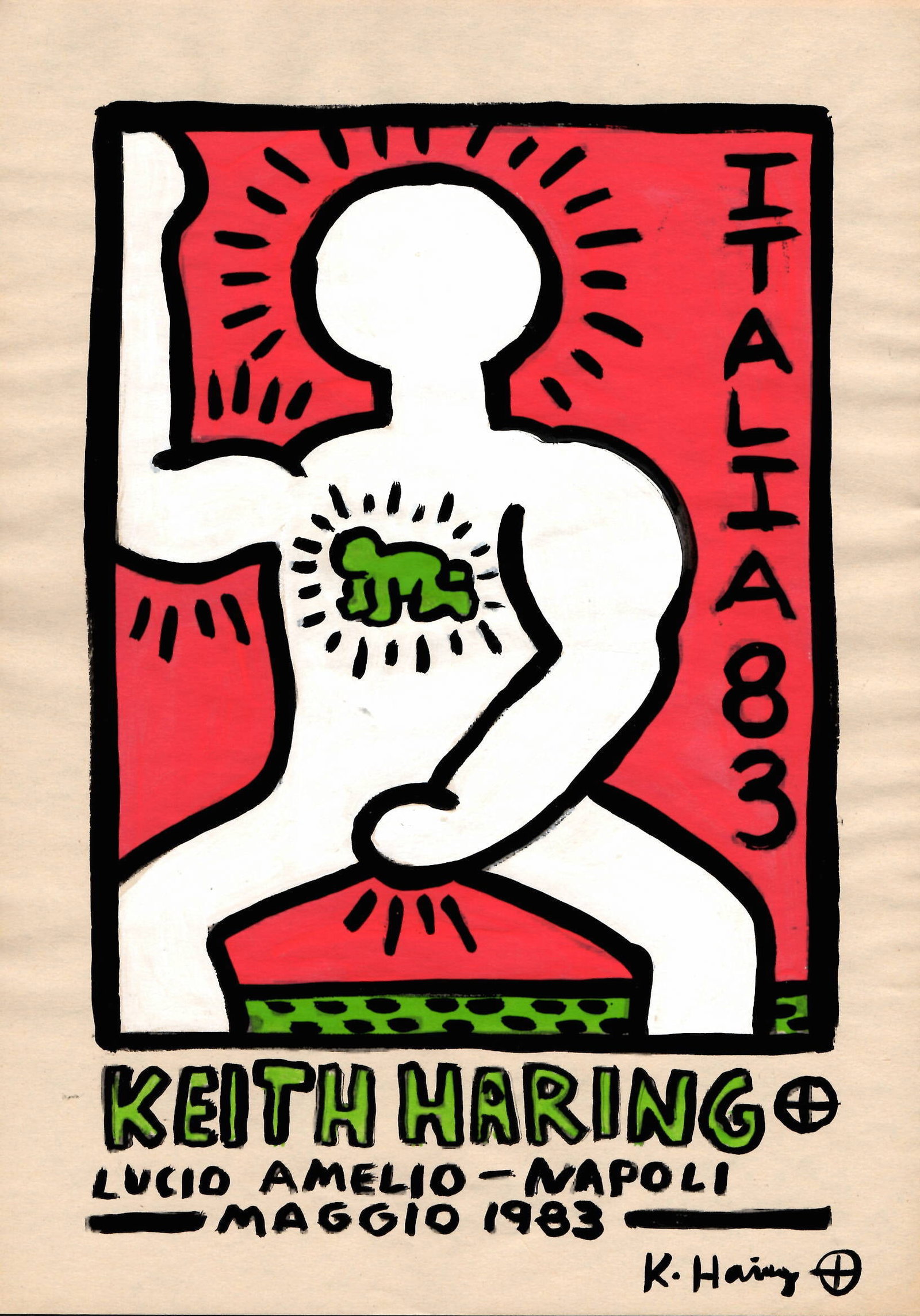 Signed Keith Haring Mixed Media on Paper.Stamped On verso: Signed Keith Haring Mixed Media on Paper.Stamped On verso, also stamp inscribed Authorized by the Keith Haring.Approx Size: 11 3/4 x 8 1/2 inches. All lots that do not carry established documented pro