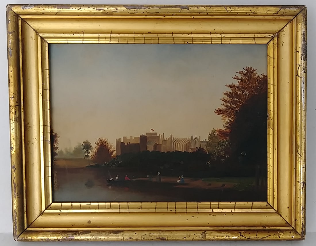 Antique European Oil Painting on Board Lemon Frame.: Antique European Oil Painting on Board Lemon Frame.Painting Size: 9 1/2 x 12 3/4 inches. Frame Size: 12 3/4 x 16 x 2 Inches. Frame may have scratches and marks due to storage. Good vintage condition. 