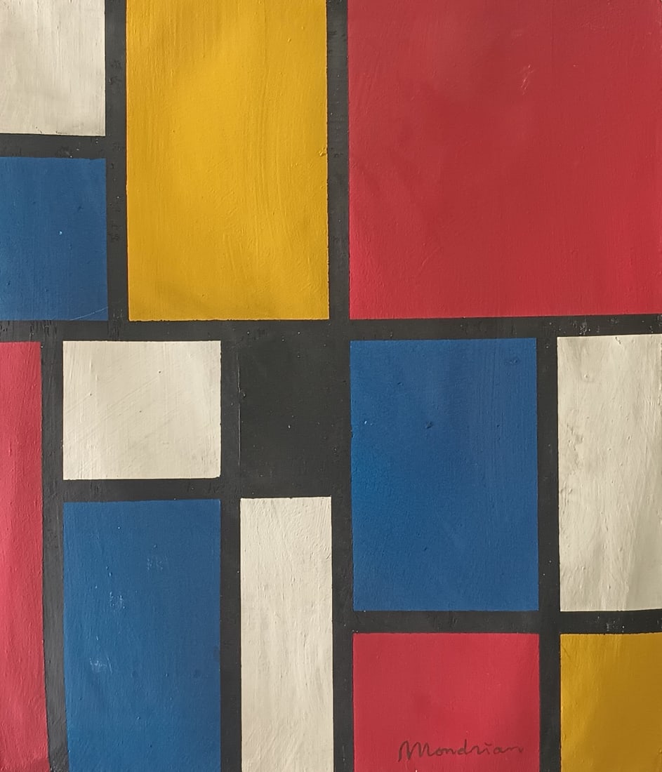 Vintage Abstract Painting On Canvas Signed Piet Mondrian , Modern Art 20th Century. (1 of 4)