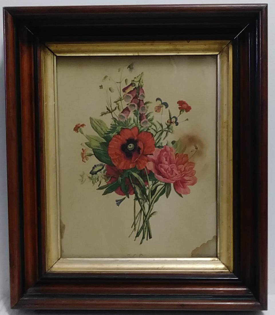 Antique Frame. Flower Print. Period Glass Each Approx W (1 of 4)
