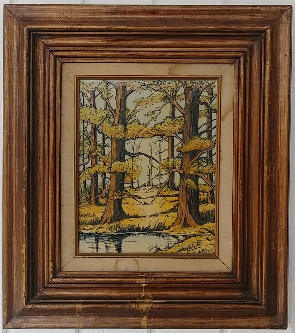 Vintage Framed Etching Enamel Painting Signed Carlos (1 of 3)