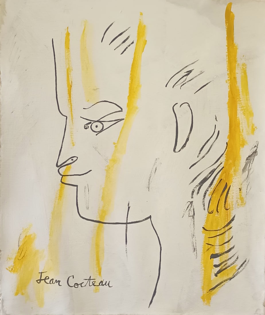 Vintage Abstract Painting On Canvas Signed Jean Cocteau , Modern Art 20th Century. (1 of 7)
