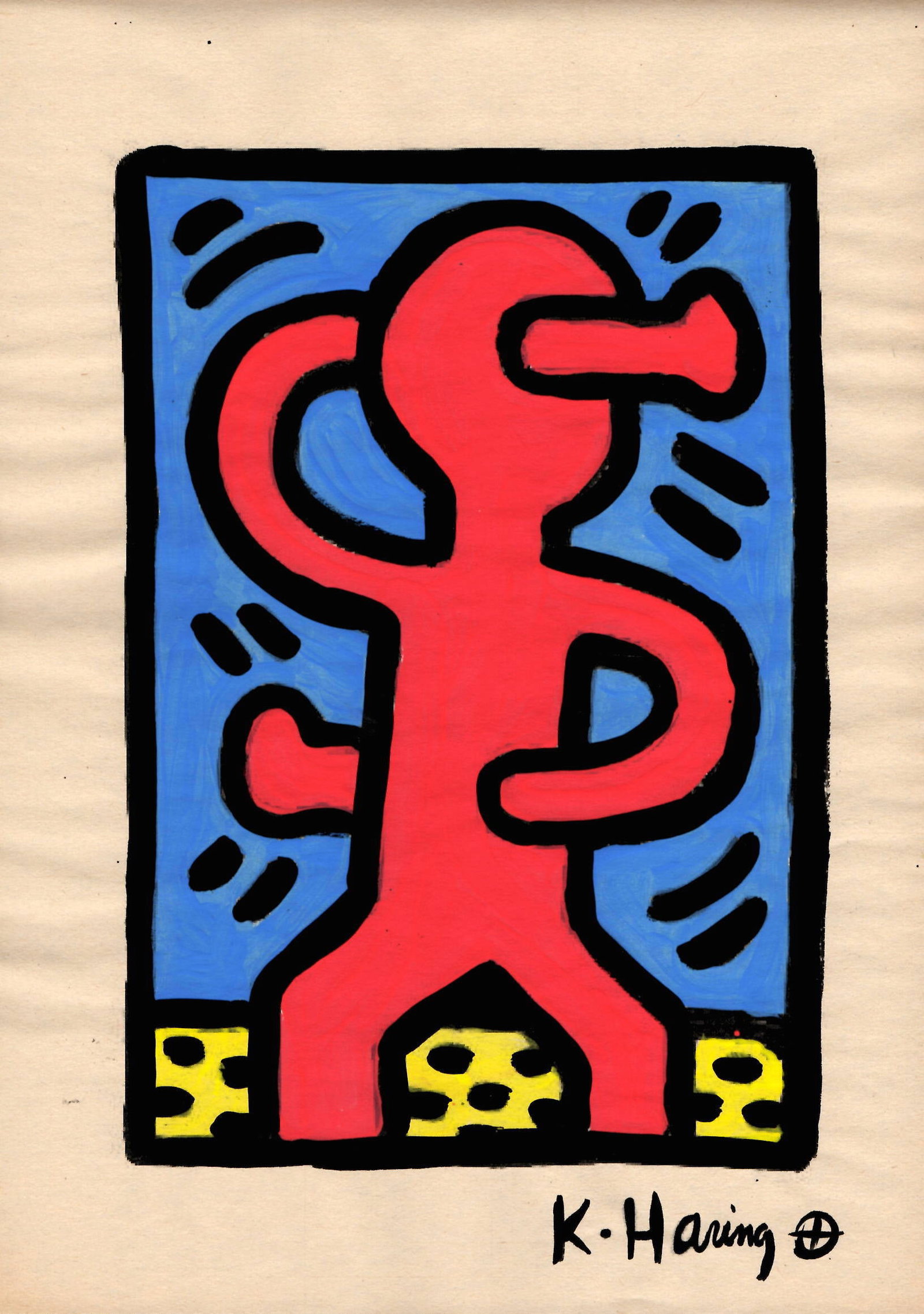 Signed Keith Haring Mixed Media on Paper.Stamped On verso: Signed Keith Haring Mixed Media on Paper.Stamped On verso, also stamp inscribed Authorized by the Keith Haring.Approx Size: 11 3/4 x 8 1/2 inches. All lots that do not carry established documented pro