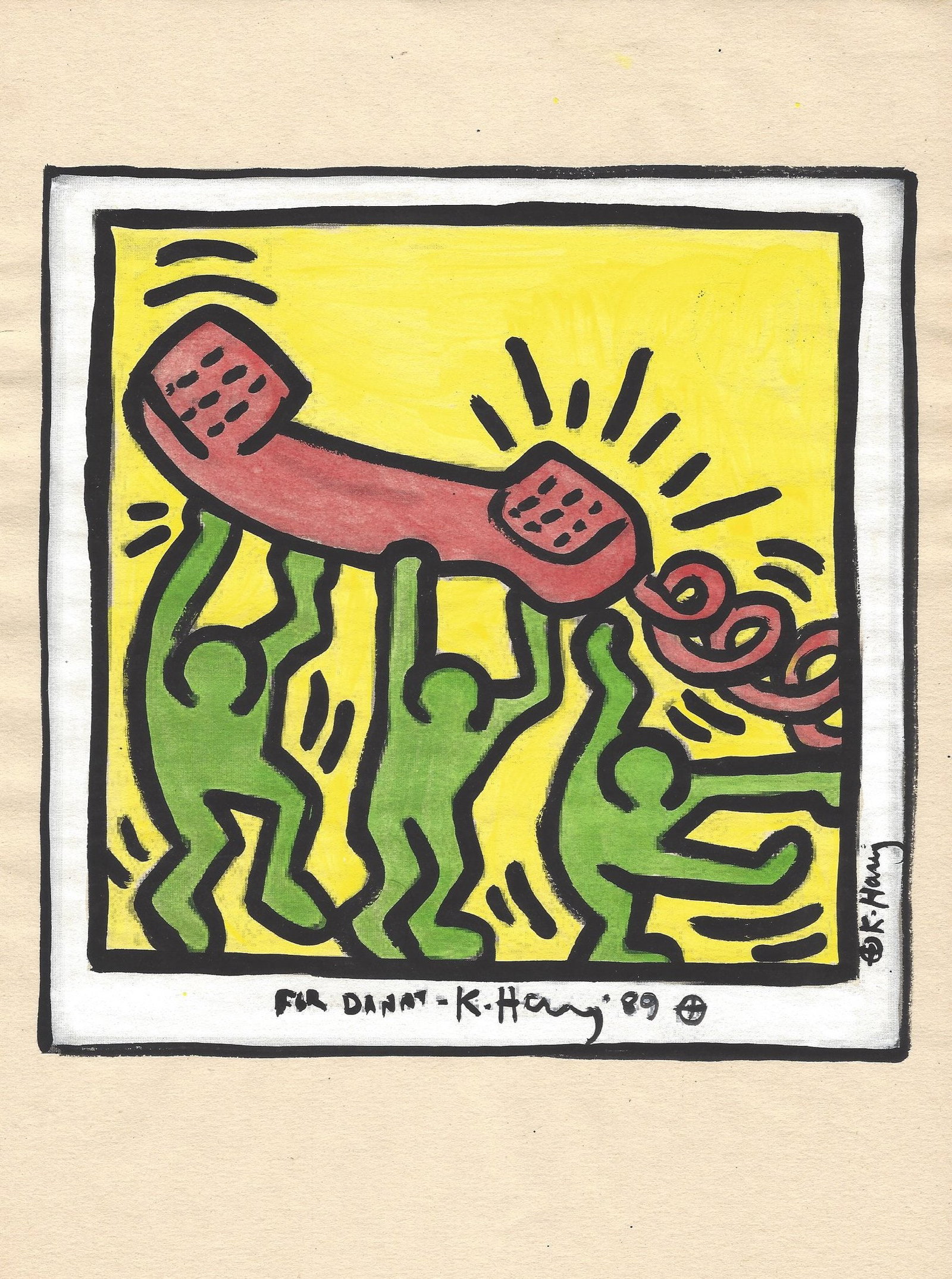 Signed Keith Haring Mixed Media on Paper. On verso: Signed Keith Haring Painting Mixed Media on Paper.On verso, also stamp.Approx Size: 11 3/4 x 8 1/2 inches.All lots that do not carry established documented provenance nor any past record of auction hi