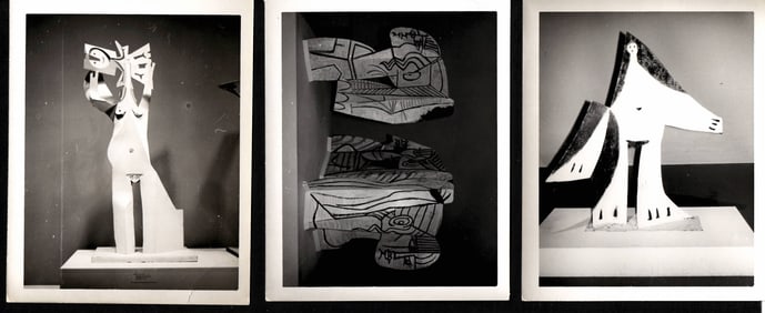 3 B&W photographs Pablo Picasso sculpture Installation