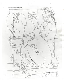 1968 Photo, Sculptor and model with wine cup etching by Pablo Picasso
