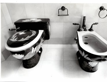 1987 Photography Hand Painted Porcelain Toilet & Bidet in Bathroom