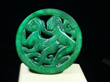 Old Chinese Green Jade Hand-Carved Couple Pendant