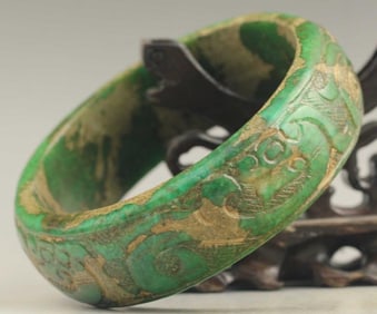 Antique Natural Green Jade Dragon Bangle