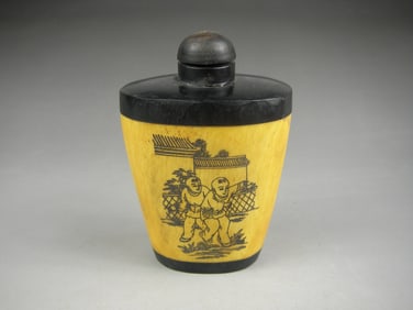 Antique Chinese Bone Hand-Carved Snuff Bottle Man-Woman