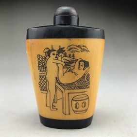 Antique Chinese Bone Hand-Carved Snuff Bottle Man-Woman