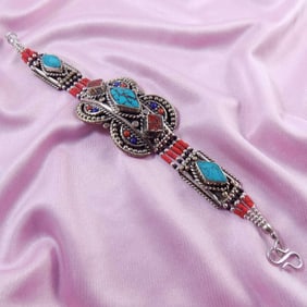 Tibetan Turquoise & Red Coral Tribal Bracelet:Approx S