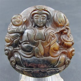 Antique Chinese Carved Natural Jade Bodhisatta Pendant