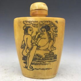 Antique Chinese Bone Hand-Carved Snuff Bottle Man-Woma