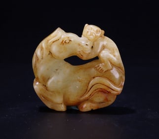 Old Chinese Carved Natural Jade Pendant Monkey & Horse