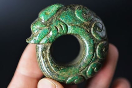 Antique Carved Chinese Natural Green Jade Dragon Ring.