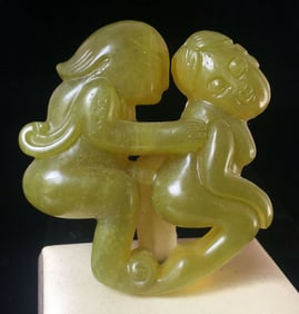Old Natural Jade Hand-Carved Couple Pendant