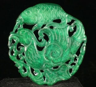 Old Jade Hand-Carved Fish Phoenix Necklace Pendant