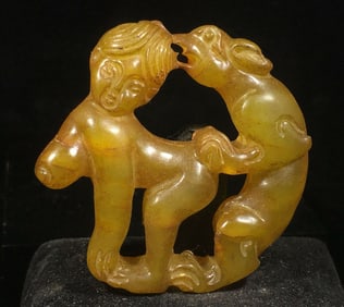 Antique Jade Hand-Carved Woman & Beast Necklac Pendant