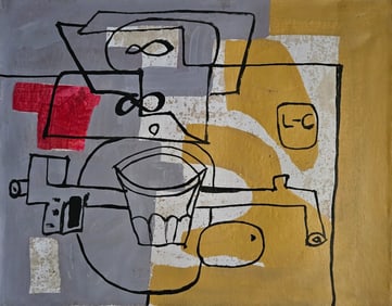 Vintage Abstract Painting on Canvas Signed L-C (Le Corbusier), Modern Art
