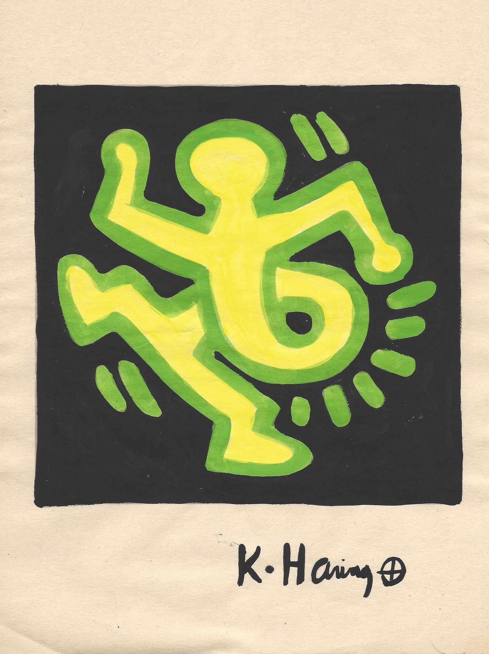 Signed Keith Haring Mixed Media on Paper. On verso: Signed Keith Haring Painting Mixed Media on Paper.On verso, also stamp.Approx Size: 11 3/4 x 8 1/2 inches.All lots that do not carry established documented provenance nor any past record of auction hi