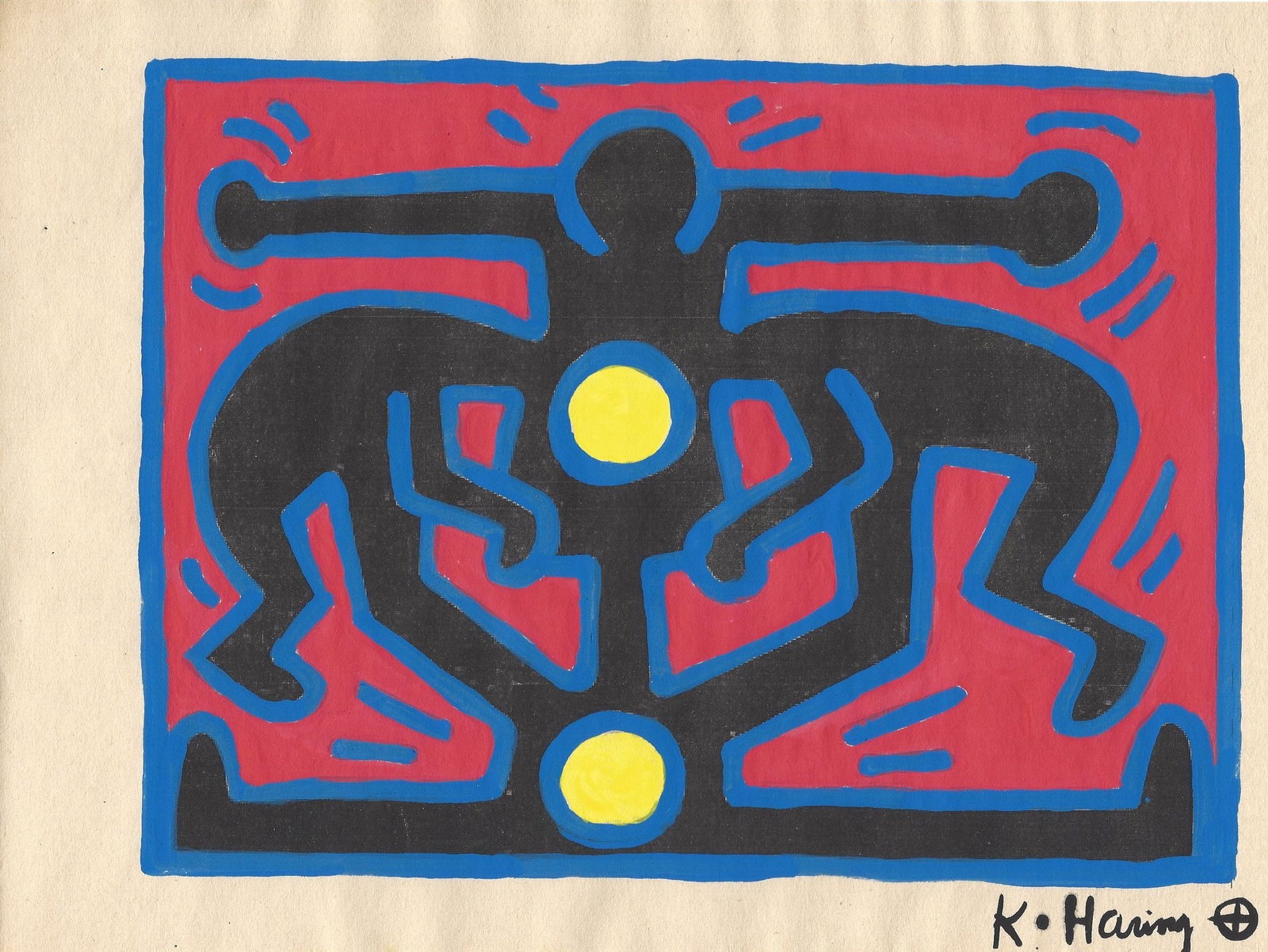 Signed Keith Haring Mixed Media on Paper. On verso: Signed Keith Haring Painting Mixed Media on Paper.On verso, also stamp.Approx Size: 11 3/4 x 8 1/2 inches.All lots that do not carry established documented provenance nor any past record of auction hi