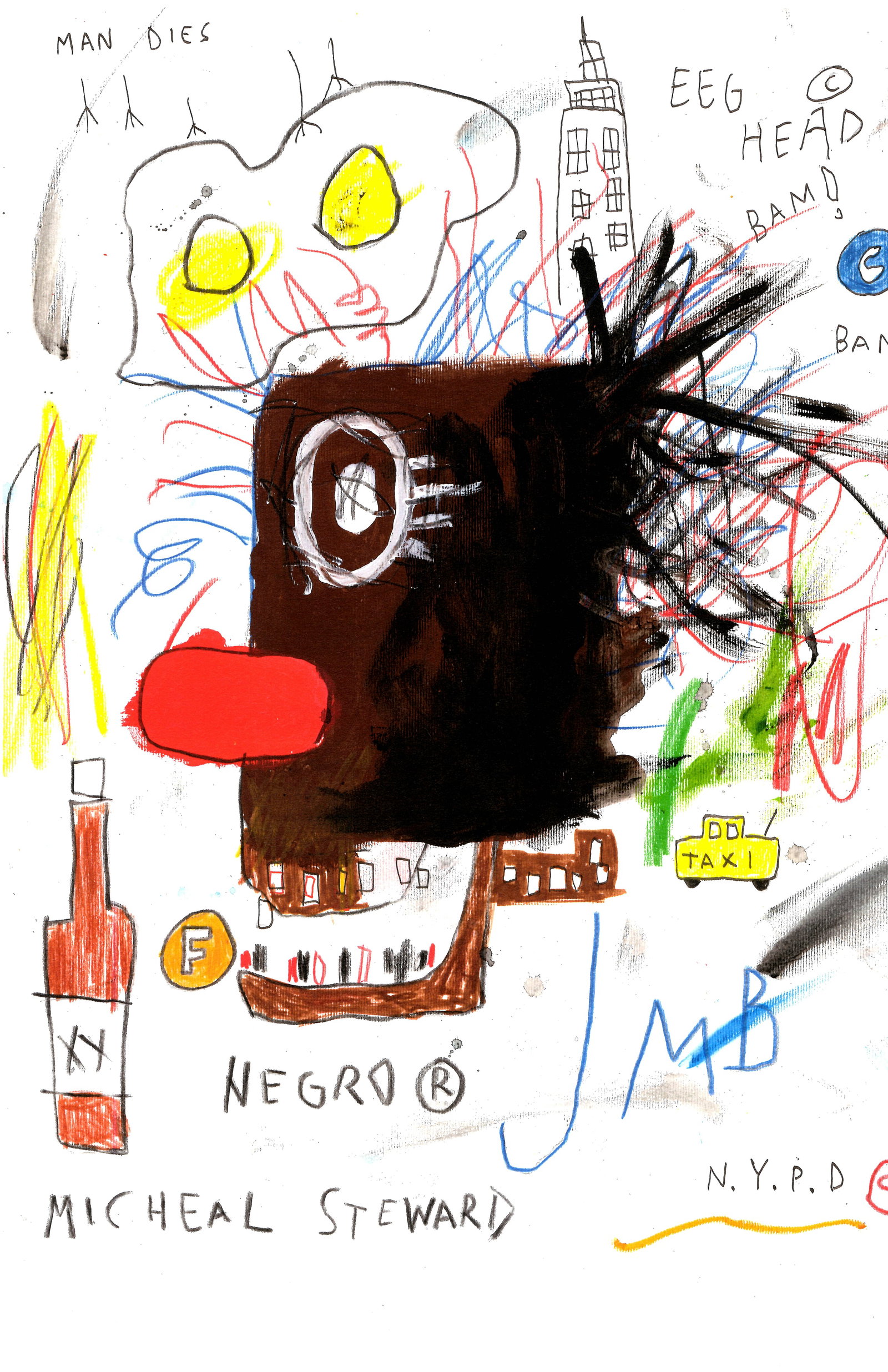 Jean-Michel Basquiat Expressionism Hand Painting Drawing on Cardboard: Jean-Michel Basquiat Expressionism Hand Painting Drawing on Cardboard. Size: 16 1/2 x 11 3/4 Inches. Provenance: W.N York consignor Private collection. it is being sold in the manner or style of the a