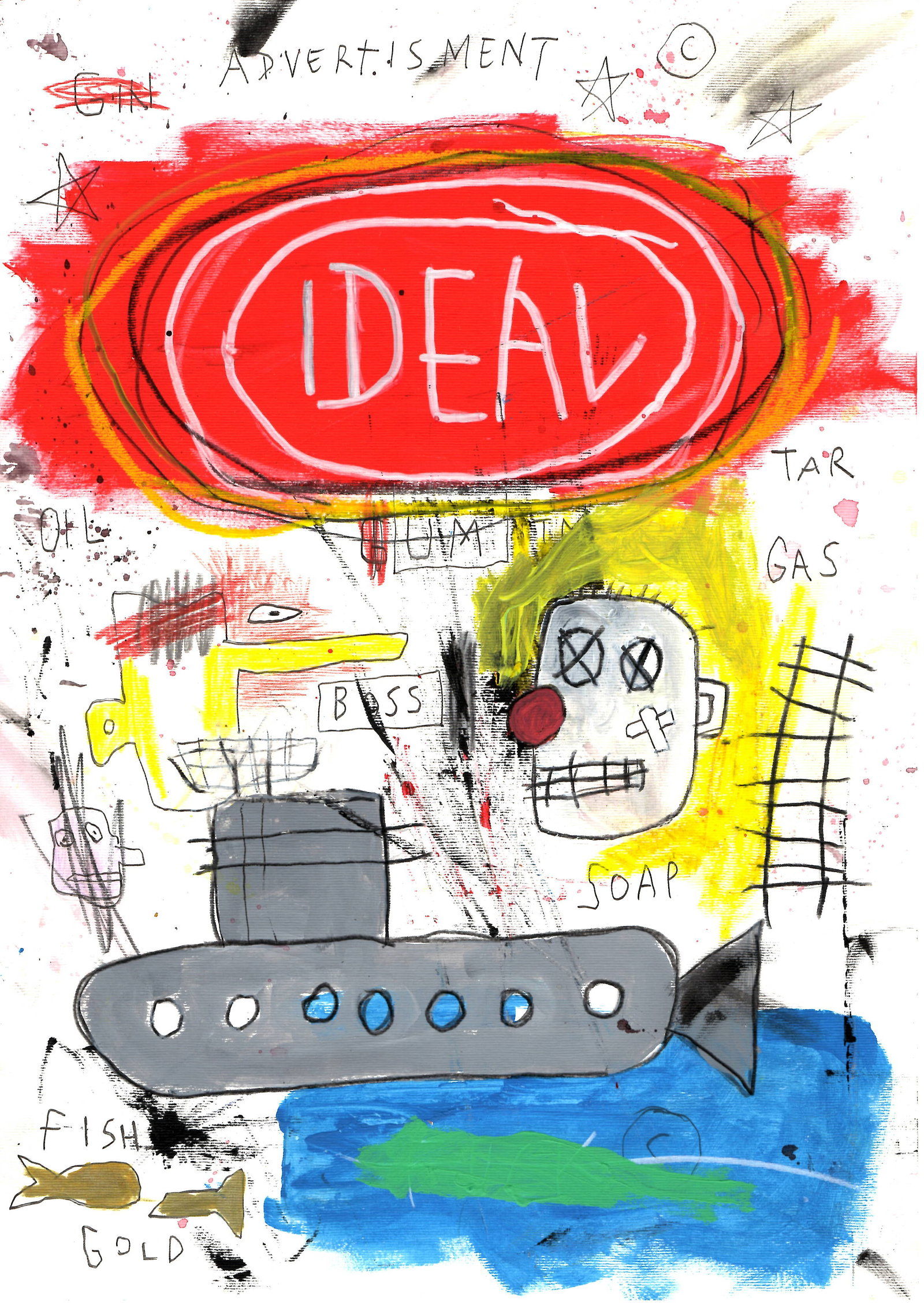 Jean Michel Basquiat "IDEAL" Expressionism Painting on Paper: Jean Michel Basquiat Expressionism Painting Drawing on Paper.Size: 11 3/4 x 15 3/4 In. Provenance: W.N York consignor Private collection. it is being sold in the manner or style of the artist Accordin