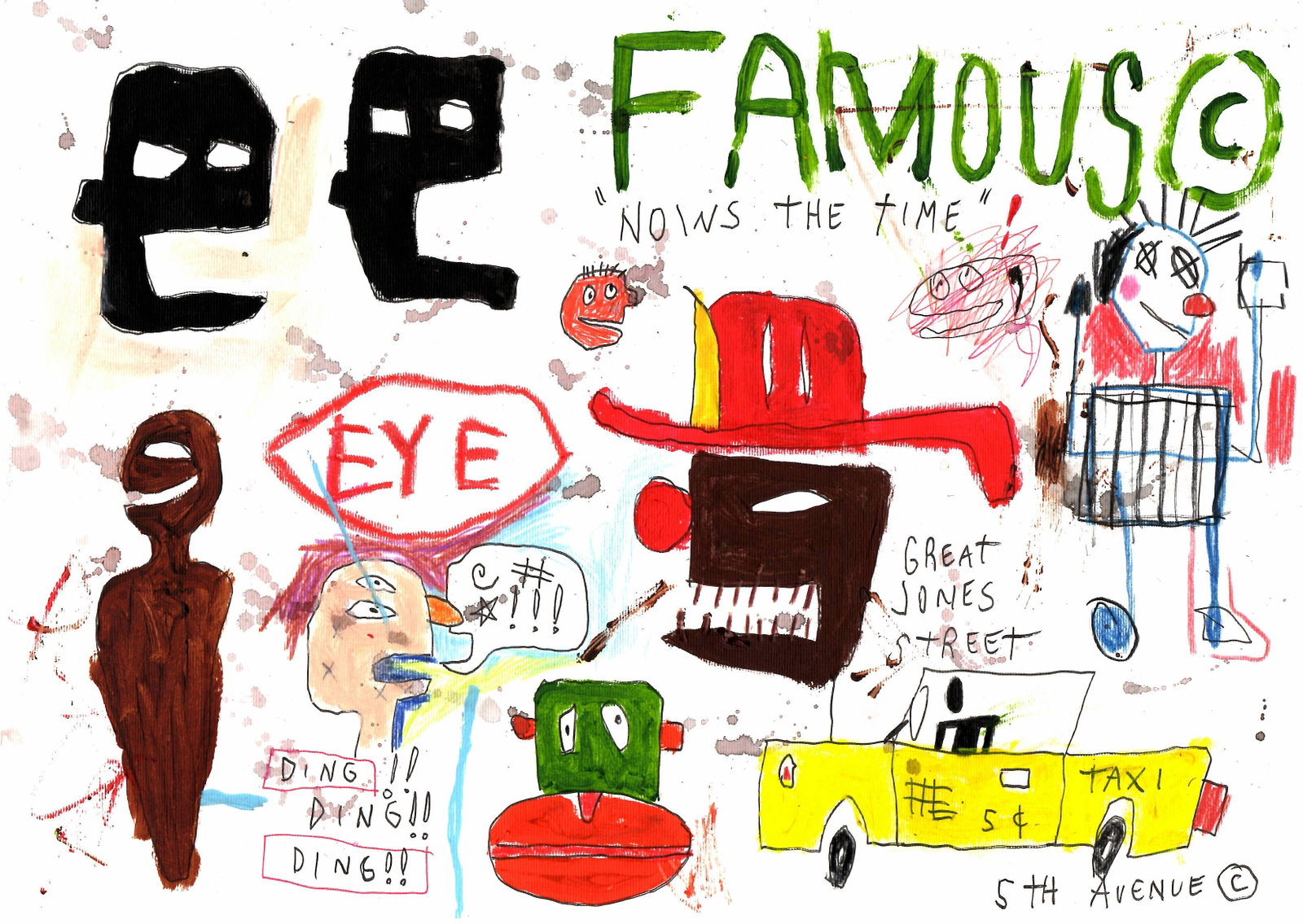 Jean Michel Basquiat "FAMOUS" Expressionism Painting on Paper: Jean Michel Basquiat Expressionism Painting Drawing on Paper.Size: 11 3/4 x 15 3/4 In. Provenance: W.N York consignor Private collection. it is being sold in the manner or style of the artist Accordin